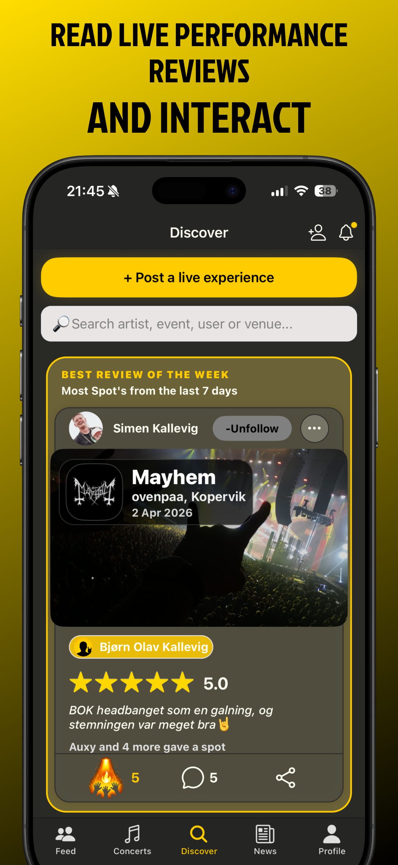 Headlinr Discover showing a community concert review